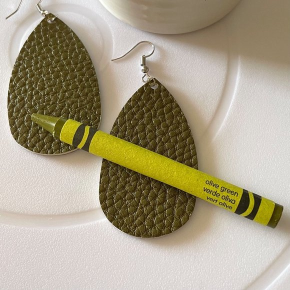 Faux Leather Earrings in Olive Green New Lightweight Teardrop Shaped - Picture 6 of 6